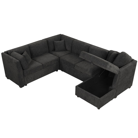 108.6" U-Shaped Convertible Corner Sofa with Pull Out Bed and Storage Lounge Chair, 6-Seater Oversized Modular Sectional Sleeper Sofa with USB Ports and Power Sockets, for Living Room (Black)