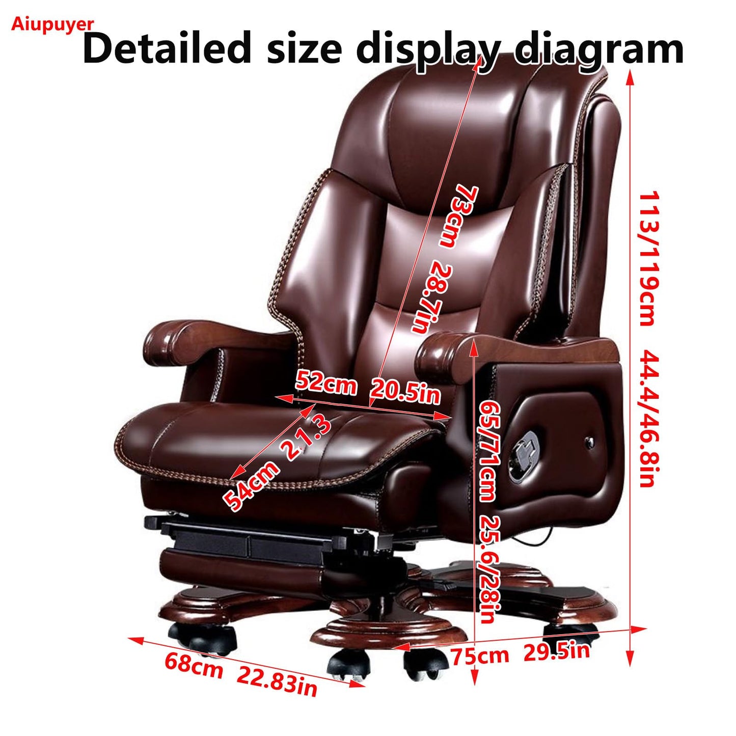 Aiupuyer Executive Office Chair, Managerial Chairs Ergonomic Fully Reclining Office Chair Comfortable Genuine Leather Executive Chair, with Heavy Duty Casters, Adjustable Tilt Back Angle and Arm