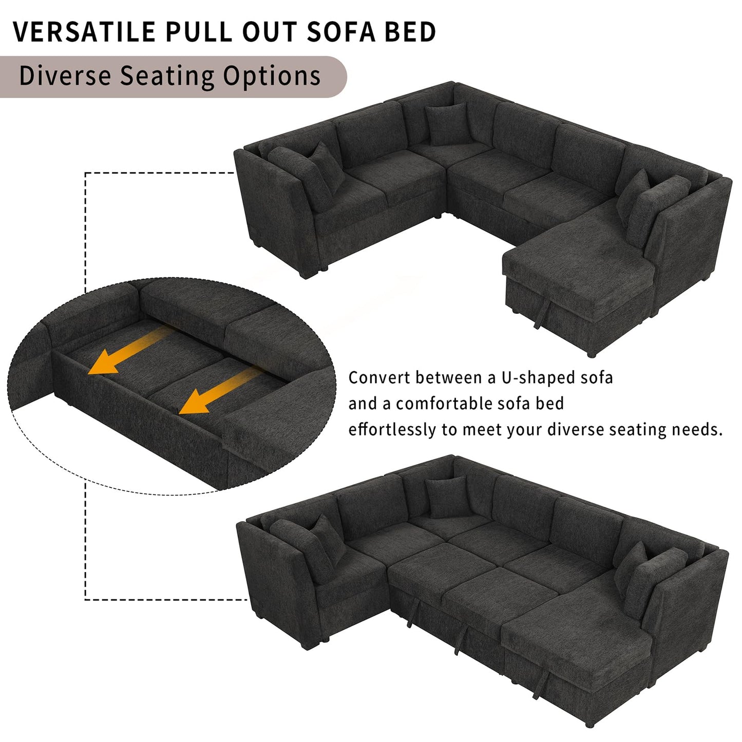 108.6" U-Shaped Convertible Corner Sofa with Pull Out Bed and Storage Lounge Chair, 6-Seater Oversized Modular Sectional Sleeper Sofa with USB Ports and Power Sockets, for Living Room (Black)