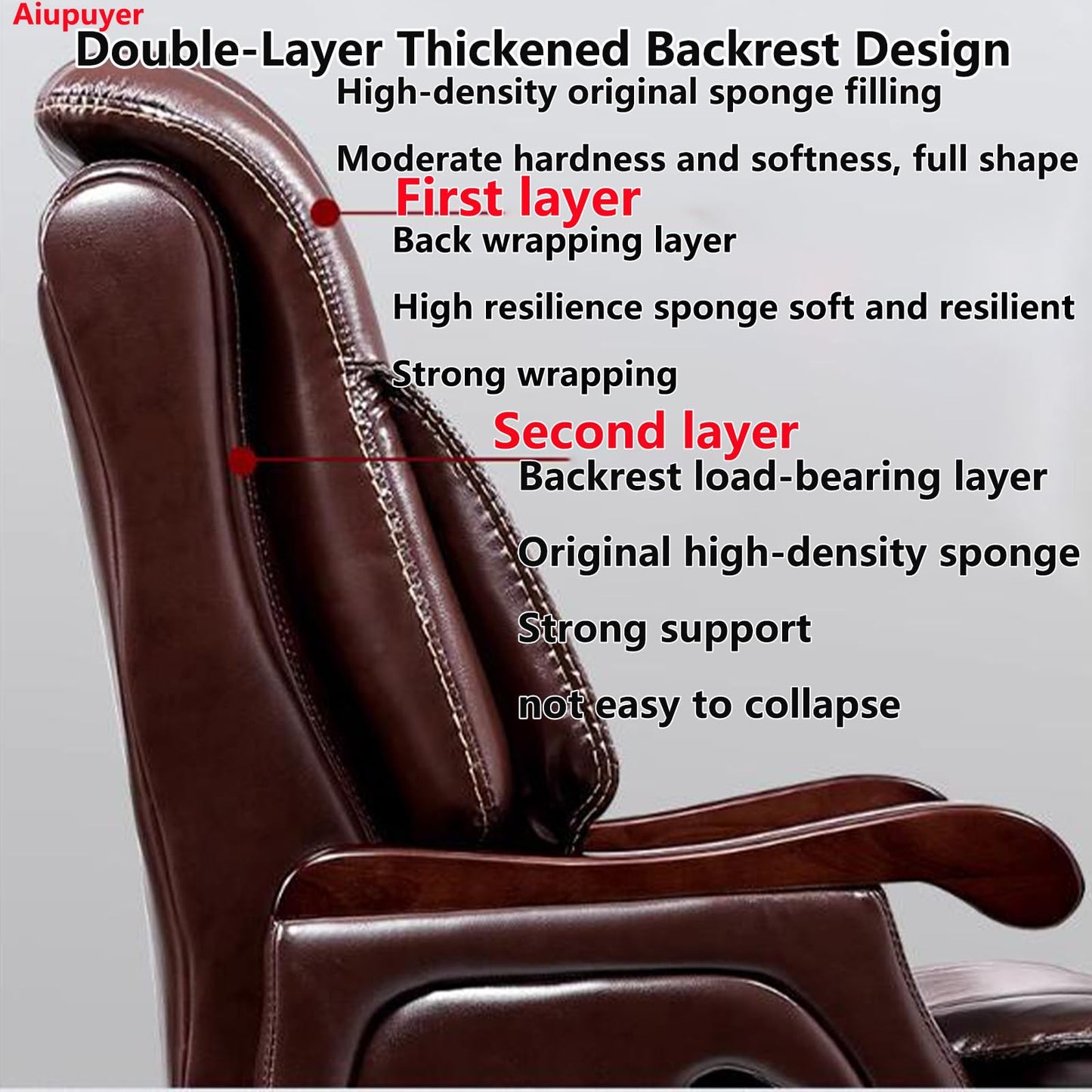 Aiupuyer Executive Office Chair, Managerial Chairs Ergonomic Fully Reclining Office Chair Comfortable Genuine Leather Executive Chair, with Heavy Duty Casters, Adjustable Tilt Back Angle and Arm