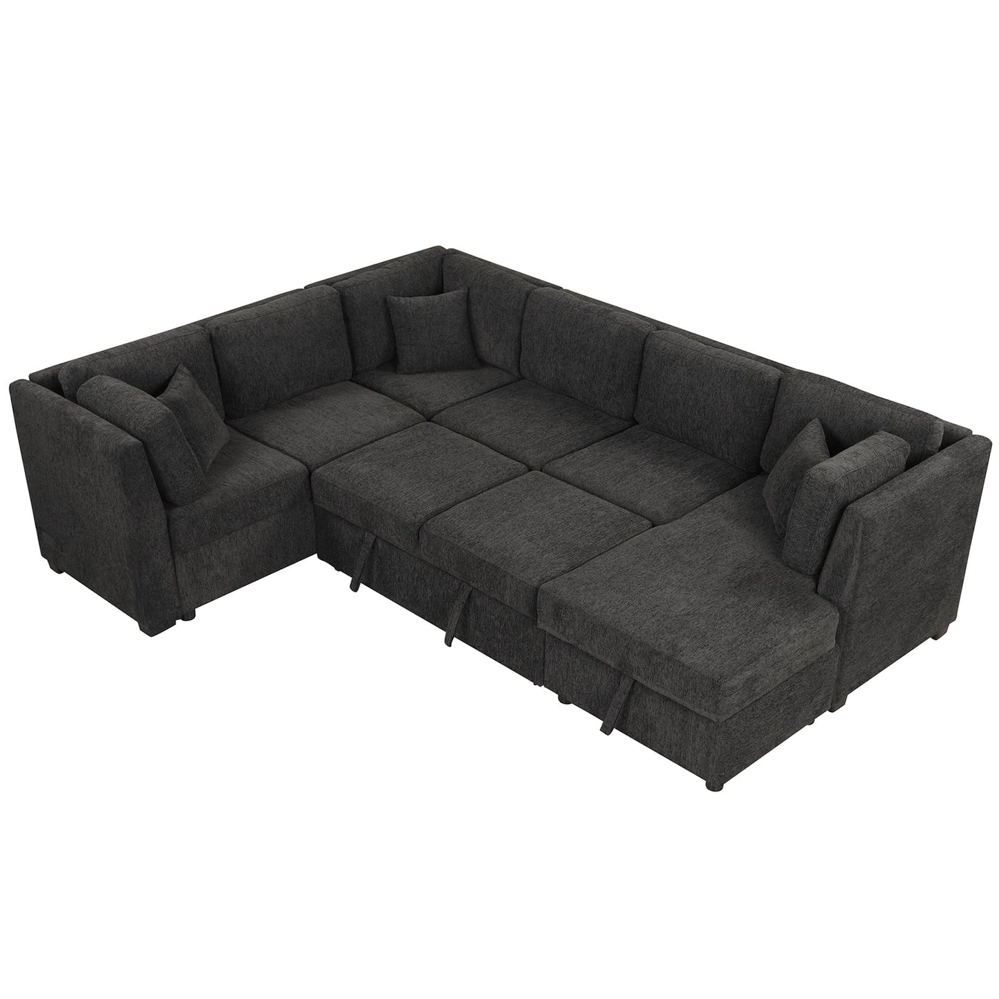 108.6" U-Shaped Convertible Corner Sofa with Pull Out Bed and Storage Lounge Chair, 6-Seater Oversized Modular Sectional Sleeper Sofa with USB Ports and Power Sockets, for Living Room (Black)