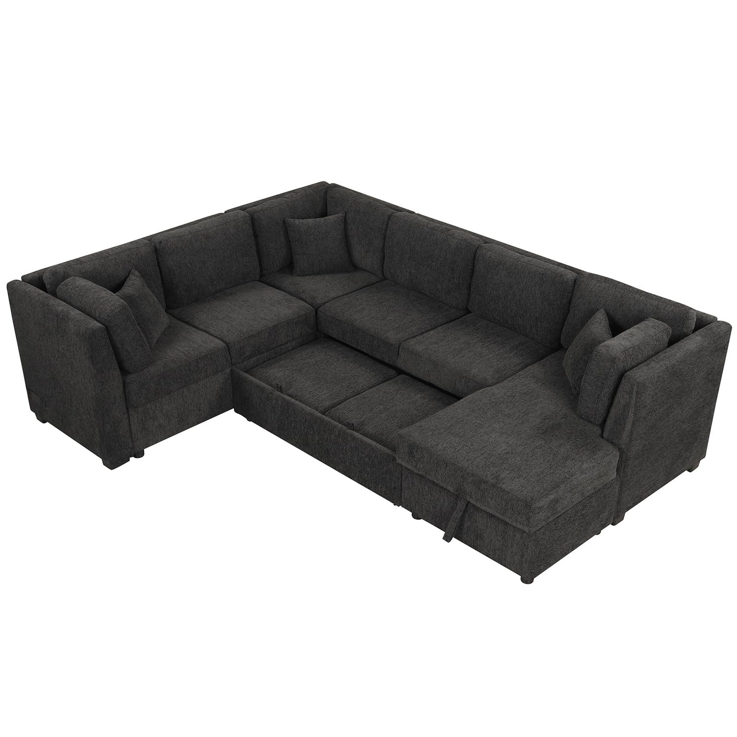 108.6" U-Shaped Convertible Corner Sofa with Pull Out Bed and Storage Lounge Chair, 6-Seater Oversized Modular Sectional Sleeper Sofa with USB Ports and Power Sockets, for Living Room (Black)