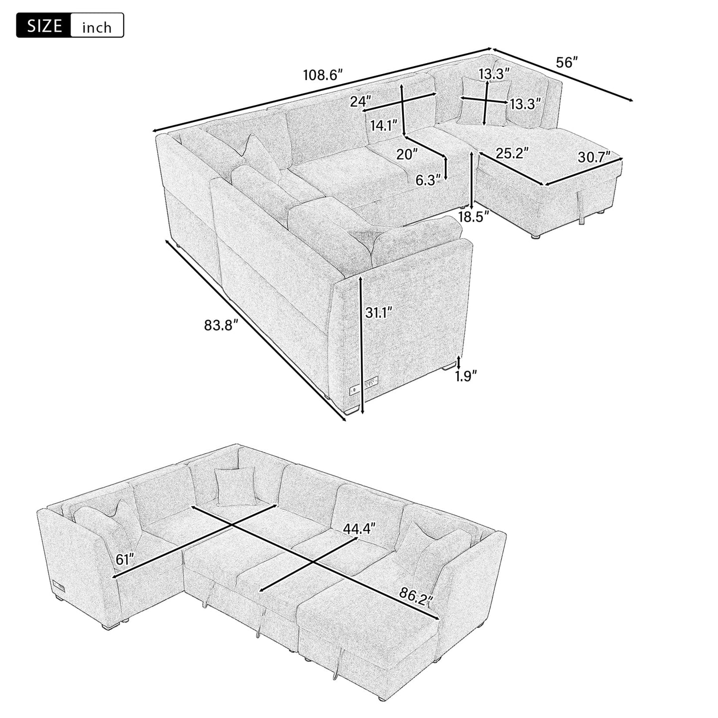 108.6" U-Shaped Convertible Corner Sofa with Pull Out Bed and Storage Lounge Chair, 6-Seater Oversized Modular Sectional Sleeper Sofa with USB Ports and Power Sockets, for Living Room (Black)